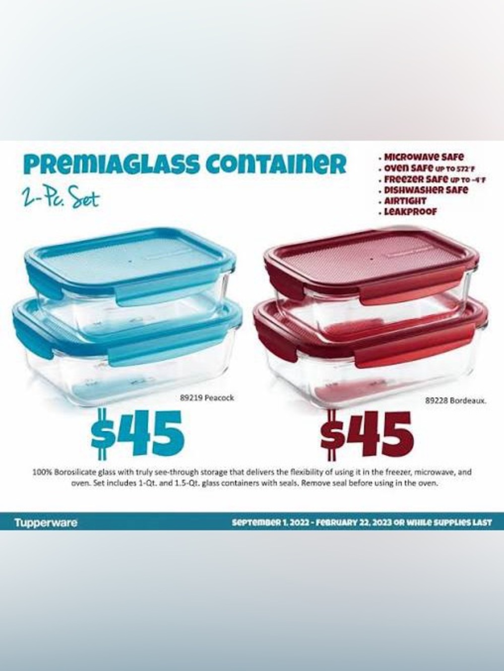 Tupperware PremiaGlass 2-Pc Container Set - Peacock or Bordeaux EUC